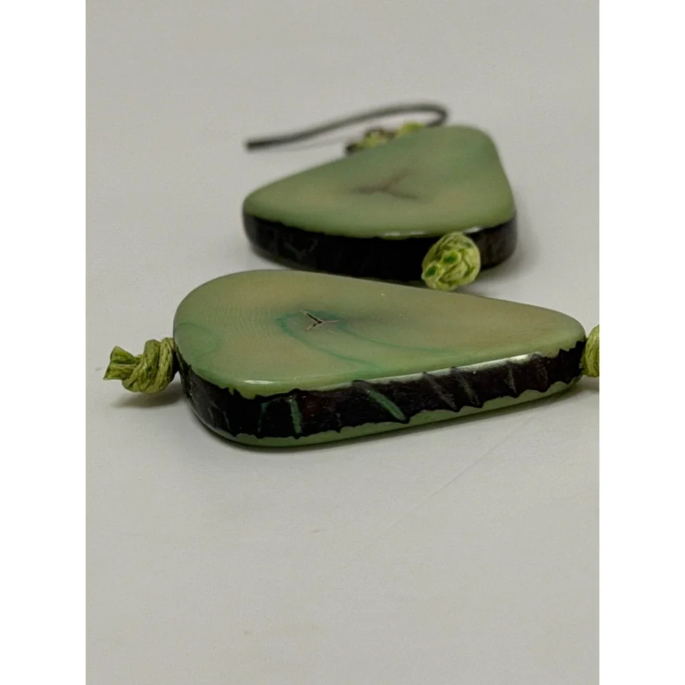 Artisan Tagua Nut Drop Earrings Sage Green Organic Vegetable Ivory Boho Dangle